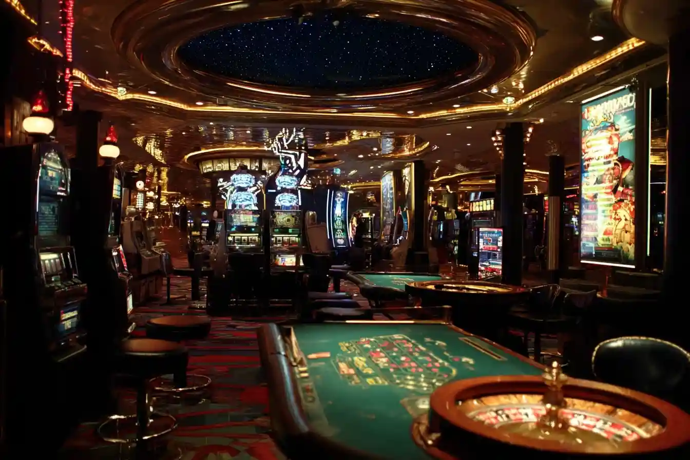 Colorful slot machines in Vegas World offering free penny slots experience